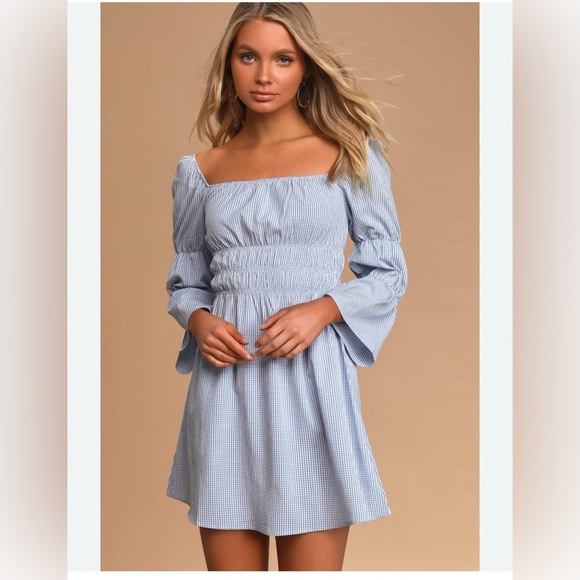 Lulus Blue & White Gingham Puff Sleeve Mini Dress – Size Large